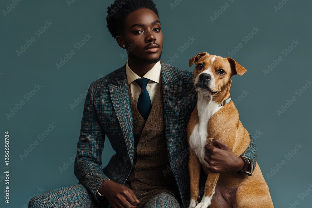 A man dressed in a tailored suit and tie sits next to a brown and white dog. He is smiling and looking directly at the viewer, showcasing a bond with the pet in a professional setting.