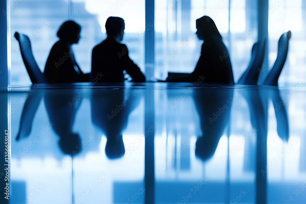 In a contemporary office, three professionals are engaged in a discussion around a table.