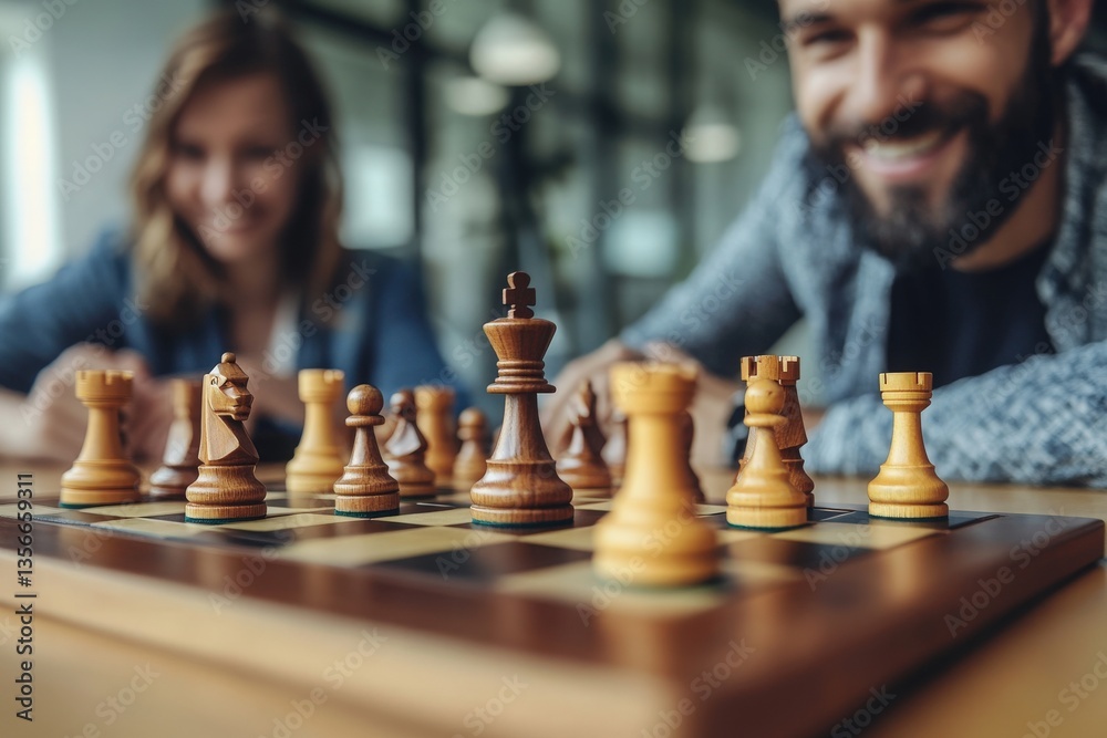 Two players are deeply engaged in a chess match at a stylish cafe. The wooden chess pieces dominate the foreground, showcasing strategy and concentration amidst a cozy atmosphere.