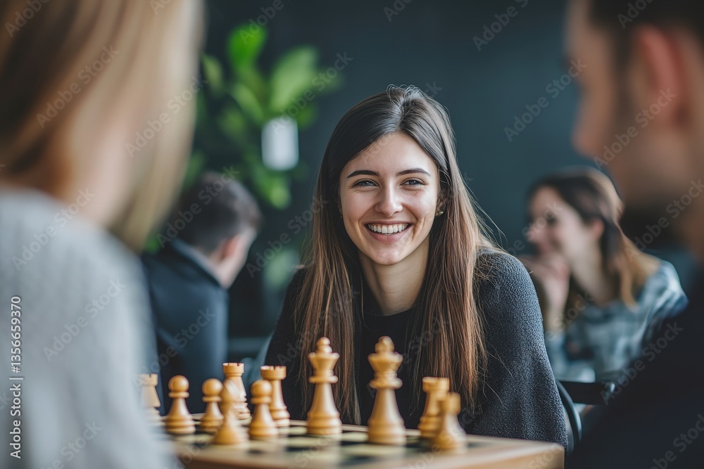A young woman smiles brightly as she plays chess in a bustling cafe. Friends surround her, engaged in conversation and enjoying the atmosphere.