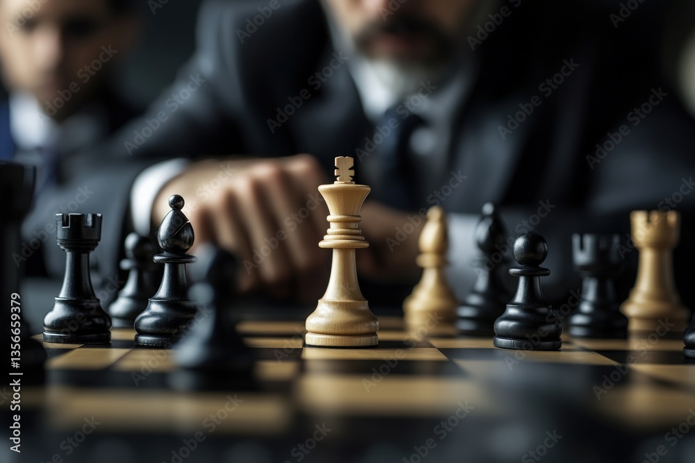 Two players in formal attire engage in a tense chess match, showcasing intense concentration.