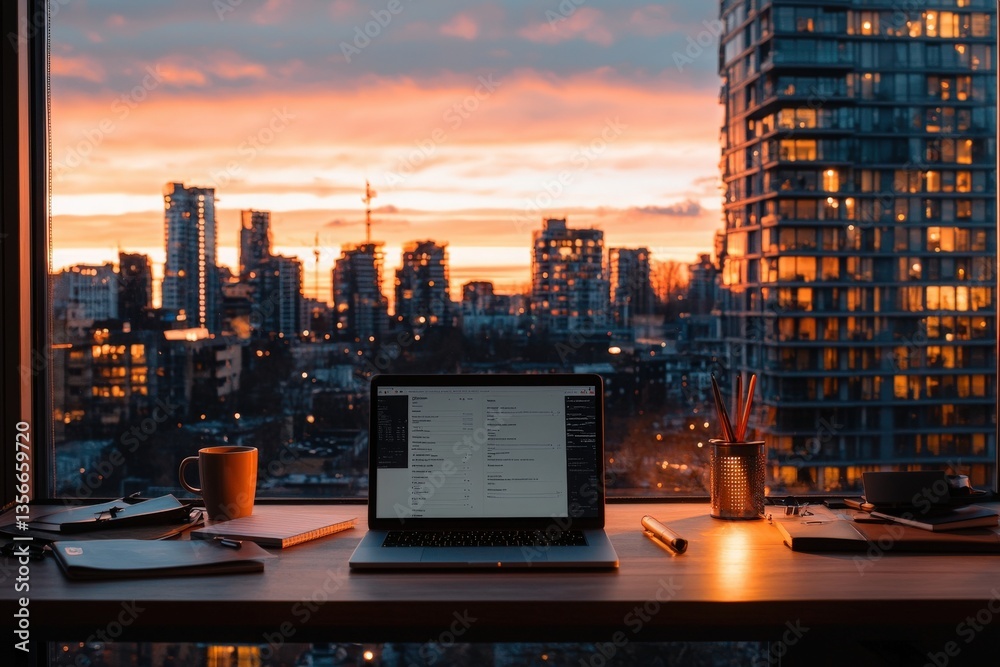 A warm sunset illuminates a city skyline through large windows. A laptop sits on a wooden desk alongside notebooks, a coffee mug, and decorative items, creating a cozy workspace atmosphere.