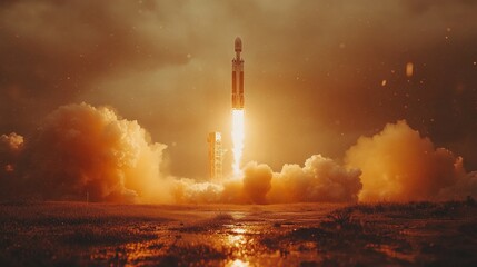 Poster - A rocket is launching into the sky, creating a massive plume of smoke and fire against a stunning sunset backdrop, highlighting cutting edge aerospace technology and recovery solutions.