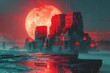© Chris - Mysterious ruins illuminated by a giant moon and red hues at night