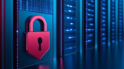 Poster - Secure Data Storage Concept with Lock Symbol on Server Rack in Modern Data Center Environment