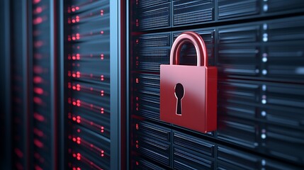 Poster - secure digital data storage with lock symbol on server rack background in a modern technology enviro