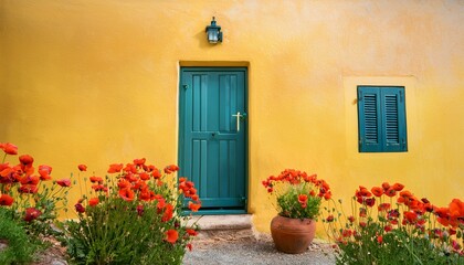  blue door with flowers in the garden