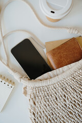 Wall Mural - Minimalist Desk Setup with Neutral Accessories and Eco Bag, Warm Vibes