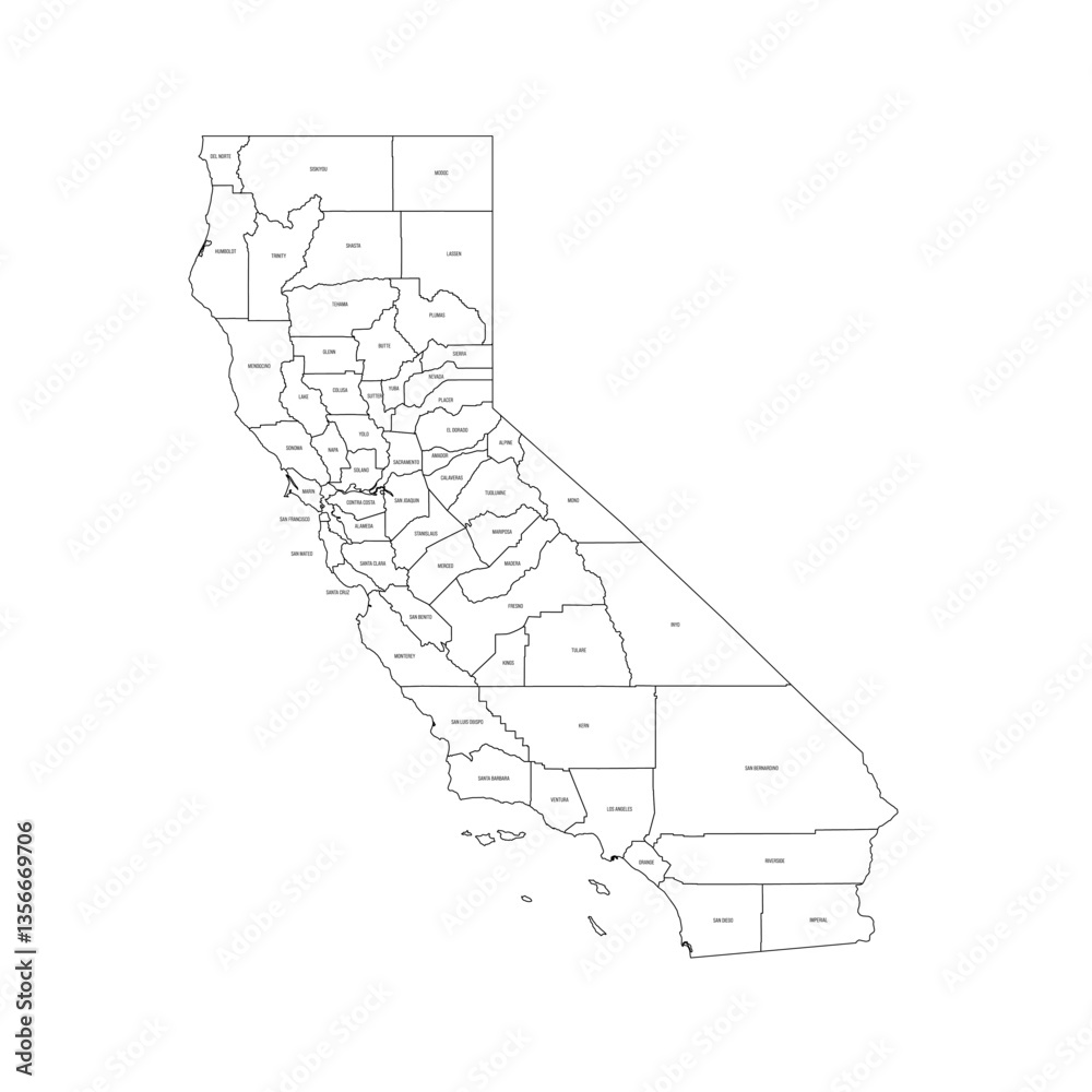 California, CA - detailed political map of US state. Administrative map ...