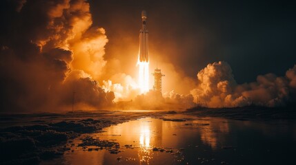 Poster - Bright flames erupt as the rocket lifts off into the night sky, propelled by powerful engines, surrounded by billowing clouds and reflected in the water below.
