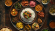 © Sabana - Overhead view of a thali featuring rice and various curries served in small bowls on a round tray