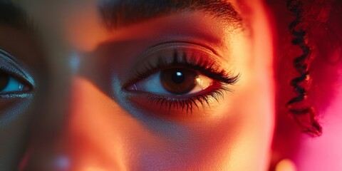 Poster - A close-up shot revealing an expressive eye. The play of light enhances the details, showcasing the beauty of the eyelash and skin tone. Ideal for beauty and fashion projects. AI