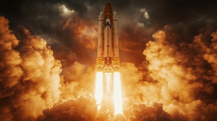 Poster - The rocket ascends rapidly, producing intense flames and smoke while embarking on a spaceflight mission, showcasing advanced propulsion technology and engineering brilliance.