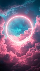 Poster - A captivating display of swirling, colorful clouds envelops a radiant orb in a mystical sky, creating a serene yet powerful ambiance under a cosmic twilight