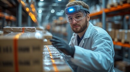 Leinwandbilder - A warehouse worker in protective gear focuses on sorting packages for timely fulfillment while ensuring inventory is organized in a busy distribution center.