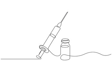 one continuous line drawing of medicine set with syringe and vial, pharmaceutical components and vac