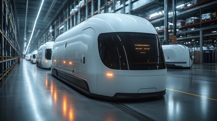 Poster - Automated transport vehicles are lined up in a spacious warehouse designed for logistics, showcasing advanced technology for efficient shipping and inventory handling.