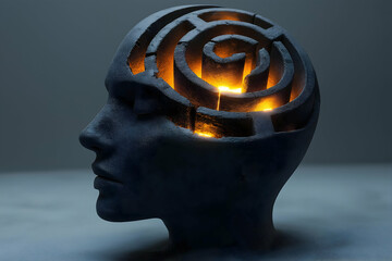 Poster - A sculptural representation of a head with a labyrinth inside, illuminated by glowing lights, symbolizing complex thoughts and mental exploration.