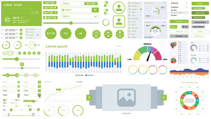 A modern interface kit with buttons, graphs, and elements for creating web applications and dashboards, ideal for business, statistics, and finance.