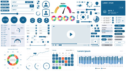 Fototapete - A modern interface kit with buttons, graphs, and elements for creating web applications and dashboards, ideal for business, statistics, and finance.