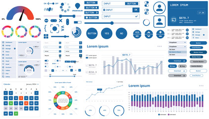 A modern interface kit with buttons, graphs, and elements for creating web applications and dashboards, ideal for business, statistics, and finance.
