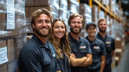 Leinwandbilder - A dedicated logistics team stands together in a warehouse, showcasing their strong teamwork amidst rows of organized inventory and cargo ready for distribution.