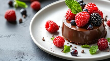 Poster - A close-up of a chocolate dessert with a glossy ganache, garnished with fresh berries and mint, set on a white plate to emphasize its elegant presentation.
