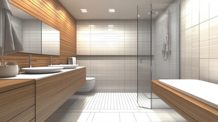 Aufkleber - A contemporary bathroom with a minimalist design, featuring a floating vanity, clean lines, and a frameless glass shower, highlighting an uncluttered and modern space.