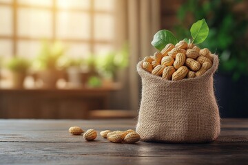 Poster - Freshly harvested peanuts in a rustic sack on wooden table with soft sunlight shining through window