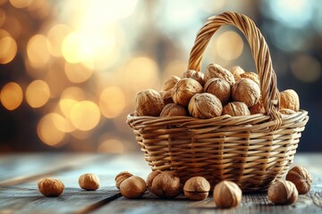 Poster - A basket filled with freshly harvested nuts displayed on a wooden table with a warm bokeh background
