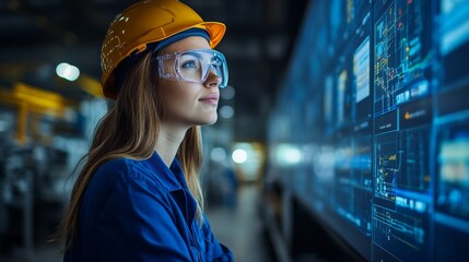 Aufkleber - A dedicated worker wearing safety gear analyzes logistics information displayed on a high tech screen inside a warehouse, ensuring efficient management of inventory and cargo.