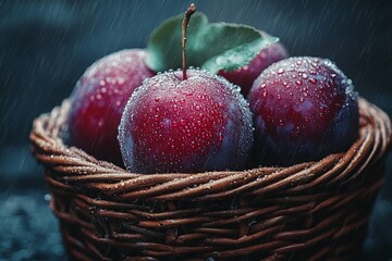 Poster - Freshly washed ripe red plums resting in a woven basket while rain gently falls around them in a serene outdoor setting