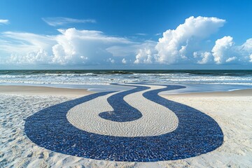 Poster - Creative sand pathway leads to ocean under a bright blue sky with fluffy clouds at a serene beach location