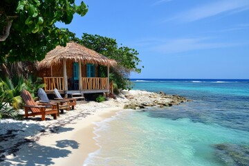 Poster - Relaxing beachside hut on a tropical shore with clear turquoise waters and wooden chairs