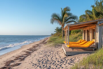 Poster - Beautiful beachside loungers on a quiet shoreline during early morning at a serene coastal location
