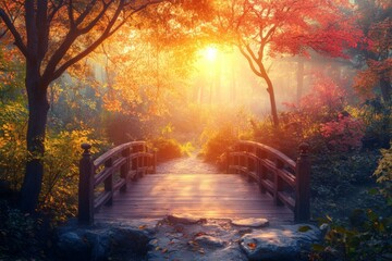 Poster - Autumn morning light filters through trees over a serene wooden bridge in a tranquil garden setting