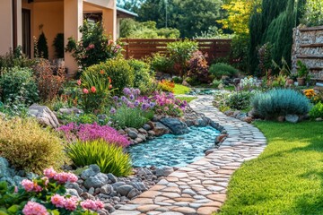 Poster - Lush garden with colorful flowers and a winding stream in afternoon sunlight