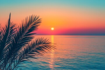 Poster - Vibrant sunset over calm ocean waters with palm silhouette on the coastline