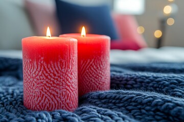Aufkleber - Candles glow softly on a cozy blanket in a warm, inviting living room during a tranquil evening
