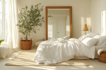 Aufkleber - Cozy and bright bedroom featuring a large mirror and a potted plant in natural light