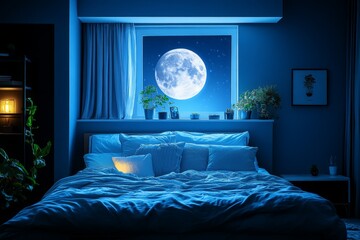 Poster - Cozy bedroom illuminated by moonlight with plants and soft bedding at night