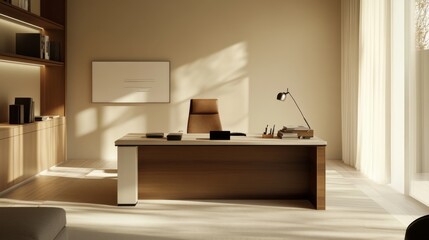 Aufkleber - A minimalist home office with a sleek desk, a simple ergonomic chair, and a few well-organized essentials, set against a clean, white backdrop.