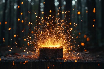 Poster - Sparks fly from a wooden block in a secluded forest during twilight hours creating a mesmerizing display