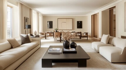 Aufkleber - A modern living room with a sleek, minimalist sofa in neutral tones, complemented by a stylish coffee table and contemporary decor, creating a chic and inviting space.