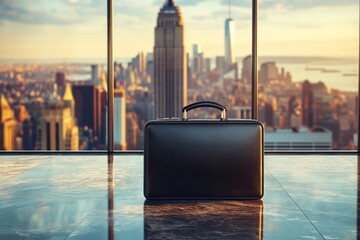 Poster - Sleek black briefcase in a modern office overlooking the New York City skyline during sunset