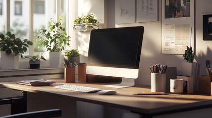 Aufkleber - A modern office desk with a sleek computer setup, organized stationery, and a coffee mug, bathed in natural light from a nearby window, creating a productive workspace environment.