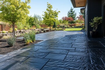 Poster - Beautiful stone patio with lush greenery in a serene garden setting during daytime