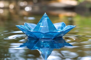 Poster - Beautiful blue origami flower floating serenely on a tranquil pond during a sunny afternoon