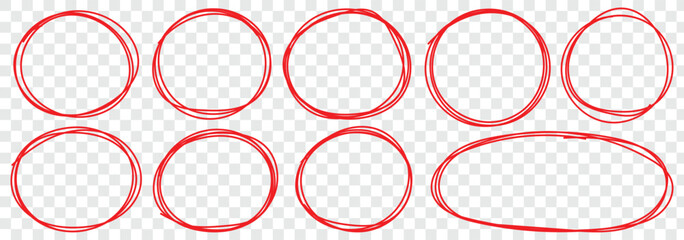 Red pen hand drawn doodle marks, red circle and oval stroke set. Red highlight circle collection. Handwritten highlight red scribble circle. Scribble round frame collection. Vector illustrator