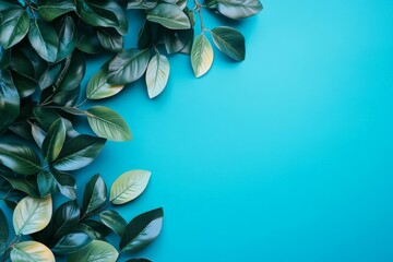 Poster - Vibrant green leaves arranged on a bright turquoise background create a refreshing and lively atmosphere perfect for design purposes